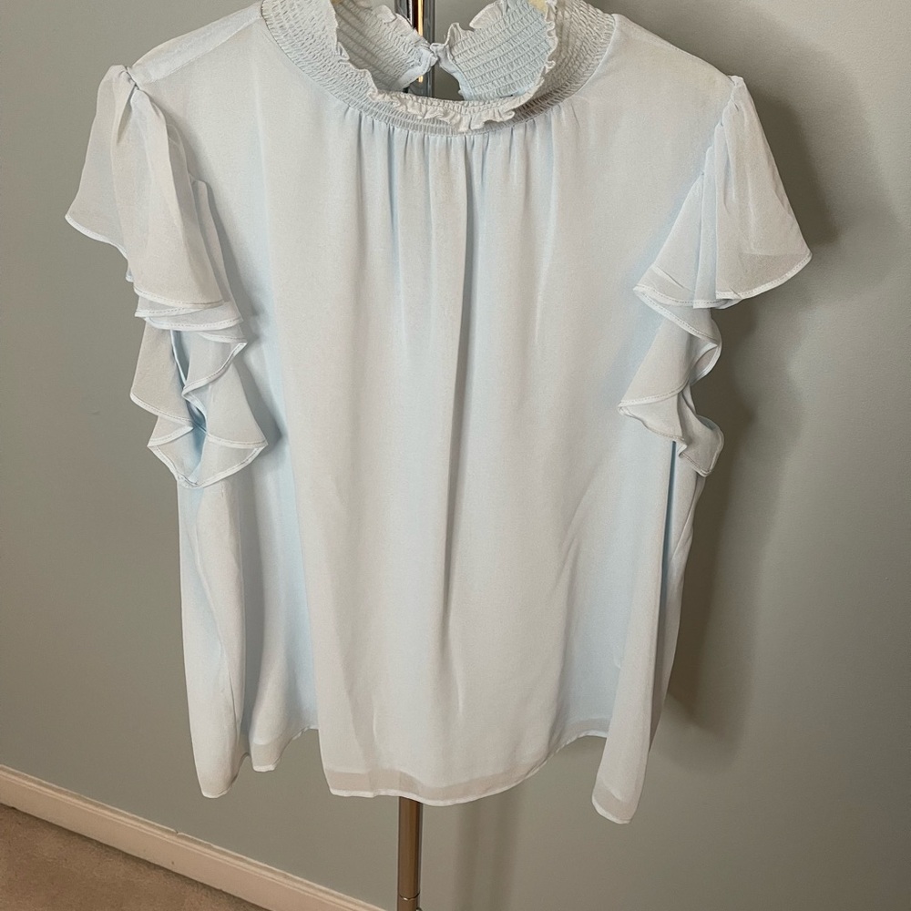 1.State blouse light blue fully lined smocked neck flutter shoulders size XL